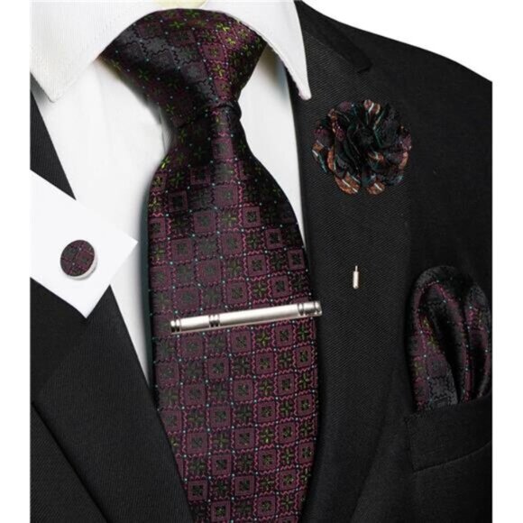 Mens Tie and Pocket Square,Lapel Pin,Cufflinks,Tie Clip Burgundy - Picture 2 of 4